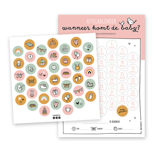Roze aftelposter zwangerschap met op voorgrond vrolijk en kleurrijk stickervel welke meegeleverd wordt.