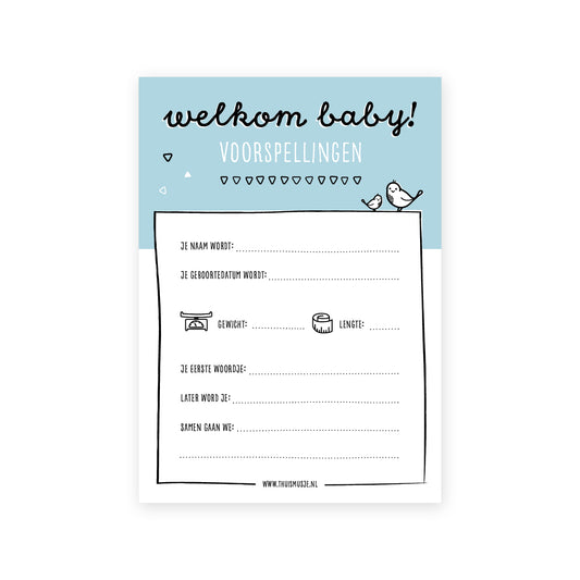 digitaal voorbeeld van voorzijde van de baby voorspellingen kaart. Erop in te vullen is de naam, geboortedatum, gewicht, lengte, eerste woordje, later wordt je, samen gaan we.