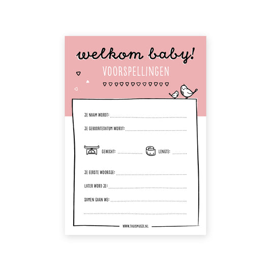 digitaal voorbeeld van voorzijde van de baby voorspellingen kaart. Erop in te vullen is de naam, geboortedatum, gewicht, lengte, eerste woordje, later wordt je, samen gaan we.
