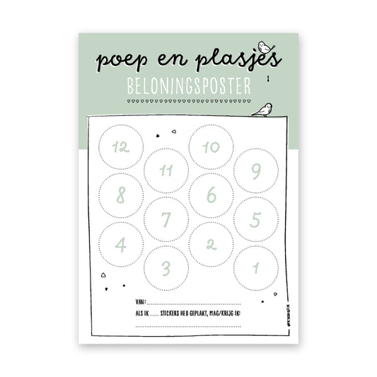 Vooraanzicht groene poep en plasjes beloningsposter met ruimte voor 12 stickers.