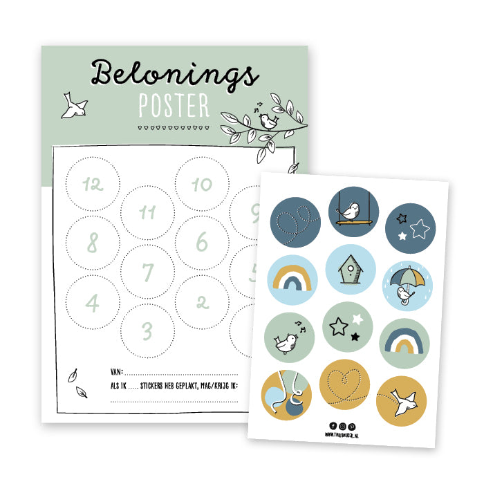 Groene beloningsposter inclusief stickervel met 12 vrolijke kleurrijke stickers