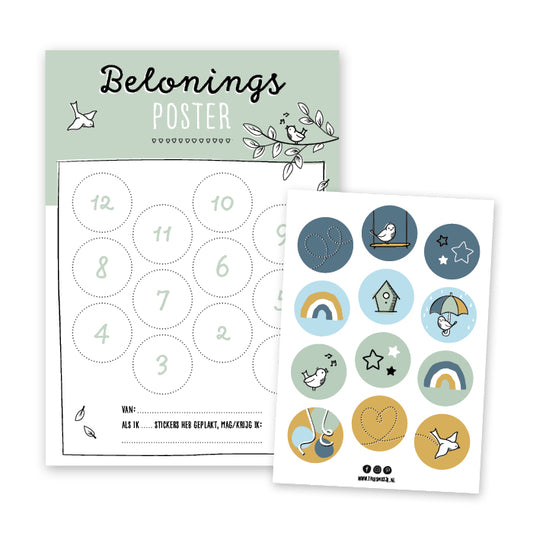 Groene beloningsposter inclusief stickervel met 12 vrolijke kleurrijke stickers