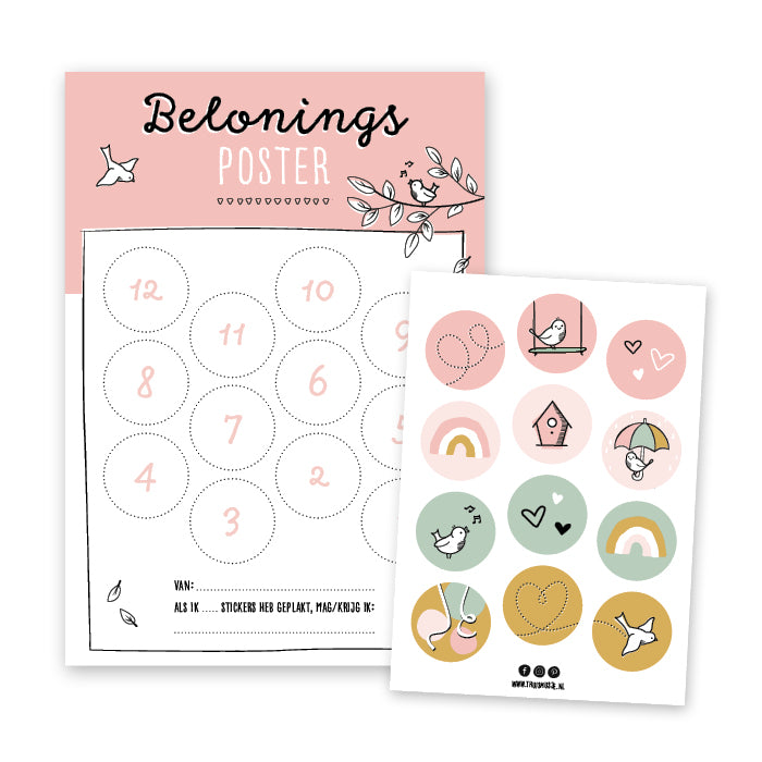 Roze beloningsposter inclusief stickervel met 12 vrolijke kleurrijke stickers
