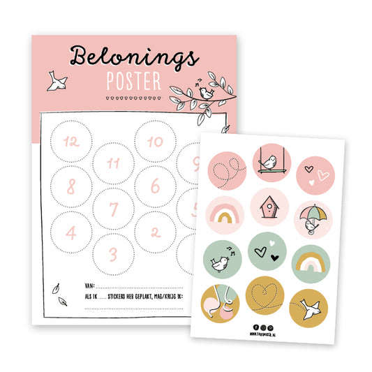 Roze beloningsposter inclusief stickervel met 12 vrolijke kleurrijke stickers