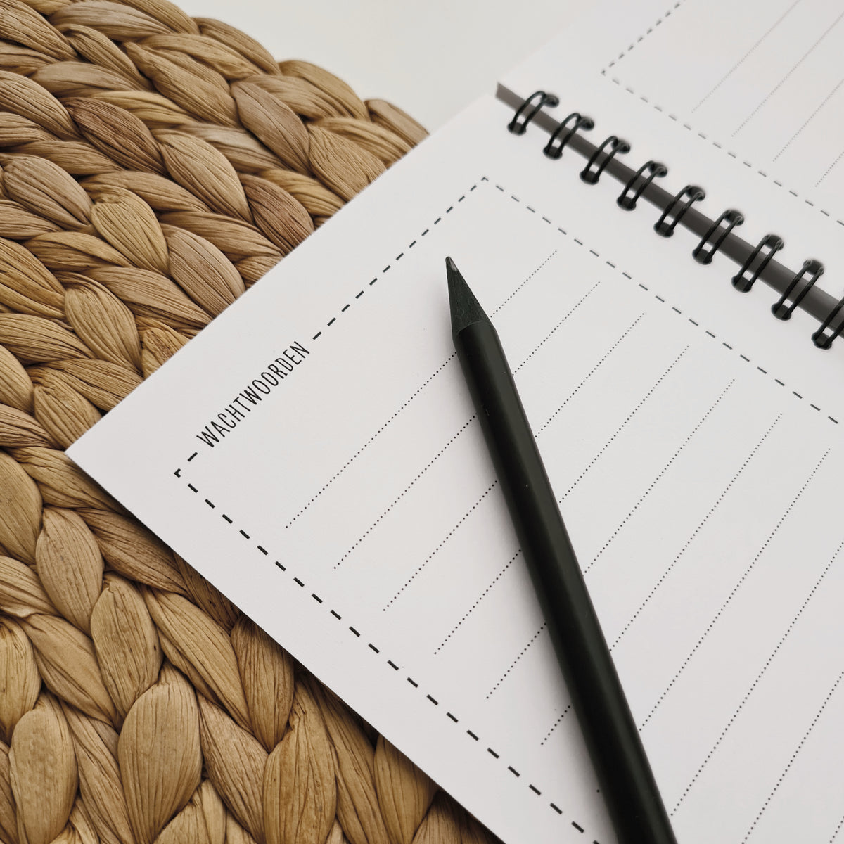 close-up van pagina wachtwoorden. Veel schrijfruimte en pen erbij ter indicatie van grootte