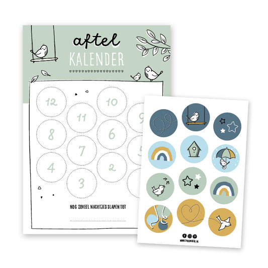 Groene aftelkalender met vrolijk stickervel en vogeltjes in design. Ruimte om 12 stickers te plakken. 