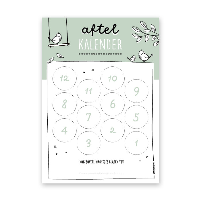 vooraanzicht groen aftelkalender met ruimte voor 12 stickers en de tekst: nog zoveel nachtjes slapen tot ...