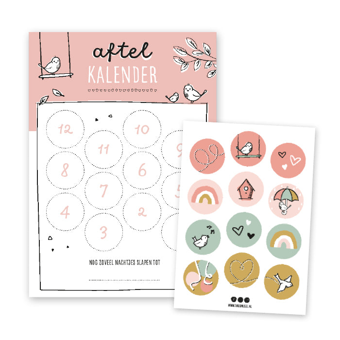 Roze aftelkalender met vrolijk stickervel en vogeltjes in design. Ruimte om 12 stickers te plakken. 