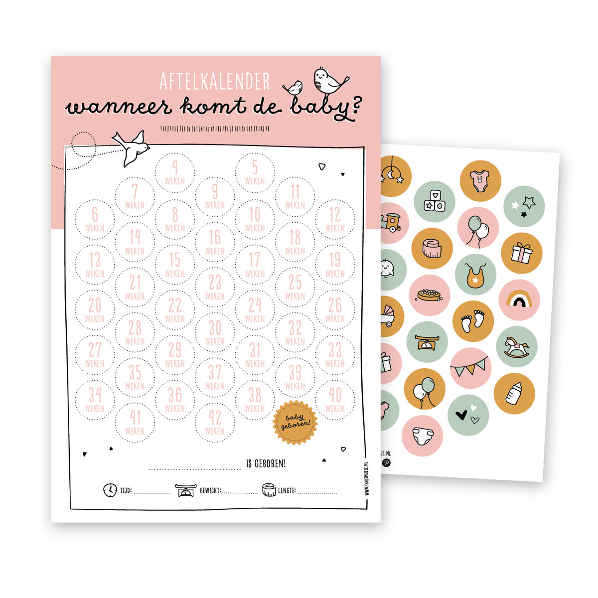 Aftelkalender wanneer komt de baby in roze met vrolijk stickervel in roze, okergeel en groene tinten.
