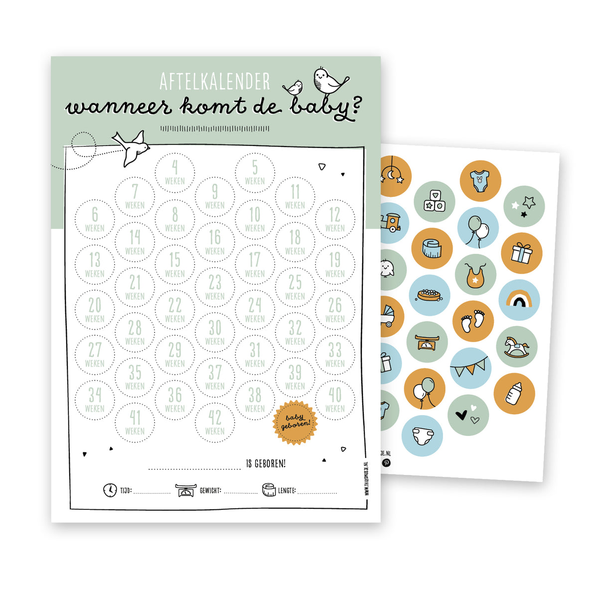 Vooraanzicht aftelkalender wanneer komt de baby? Met kleurrijk stickervel in baby thema