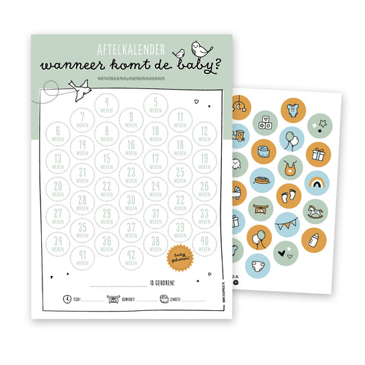 Vooraanzicht aftelkalender wanneer komt de baby? Met kleurrijk stickervel in baby thema