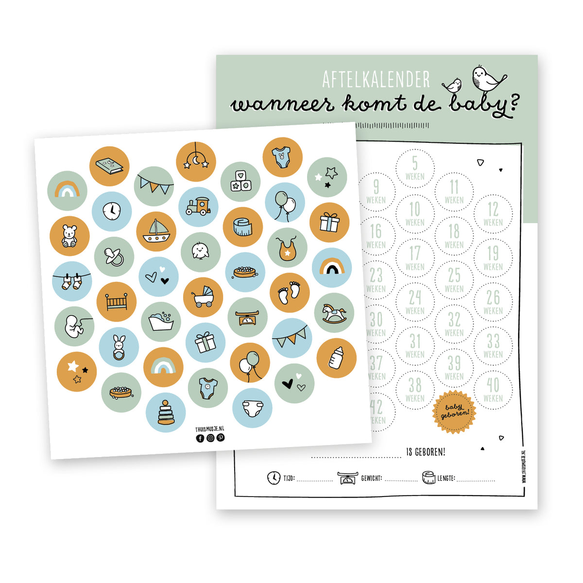 groene zwangerschap aftelkalender met op de voorgrond kleurrijk stickervel in baby thema