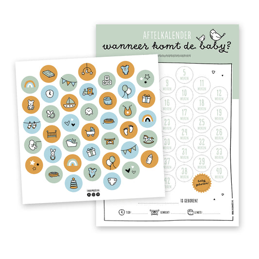 groene zwangerschap aftelkalender met op de voorgrond kleurrijk stickervel in baby thema