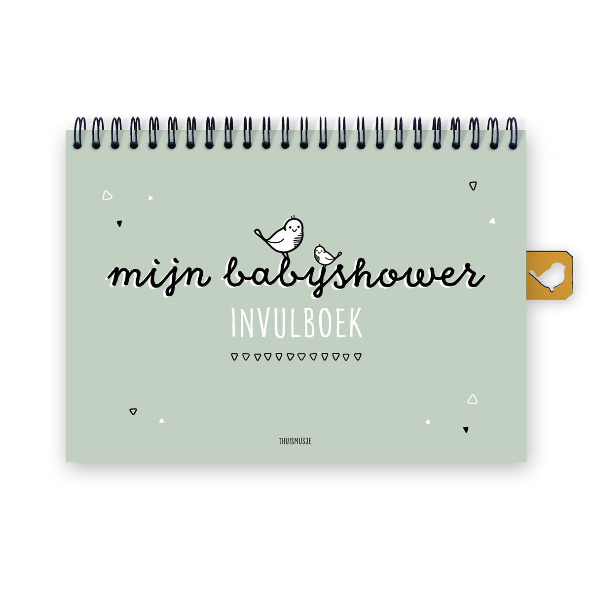 Vooraanzicht mijn babyshower invulboek. A5 formaat met zwarte ringbang. Groene kleur en zwart met witte letters. Bovenop de titel zitten een klein en groot musje. 