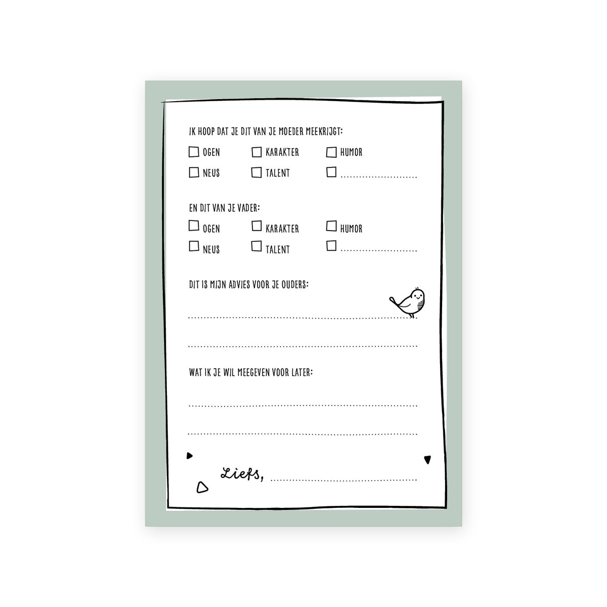 Digitaal voorbeeld van achterzijde invulkaart, met keuze vragen als wat je van je vader en moeder mee krijgt, advies voor de ouders, wat je mee wil geven voor later. 