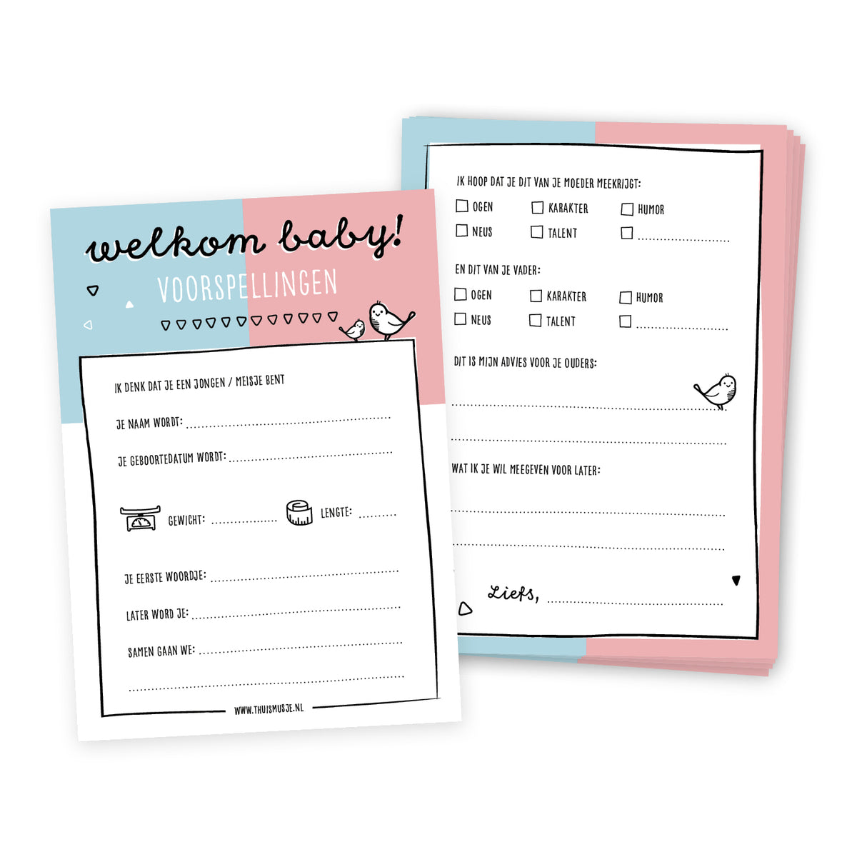 Voor- en achteraanzicht van babyshower invulkaart in het blauw met roze. Titel Welkom baby met daarbij leuke vragen om in te vullen en voorspellingen te doen. 