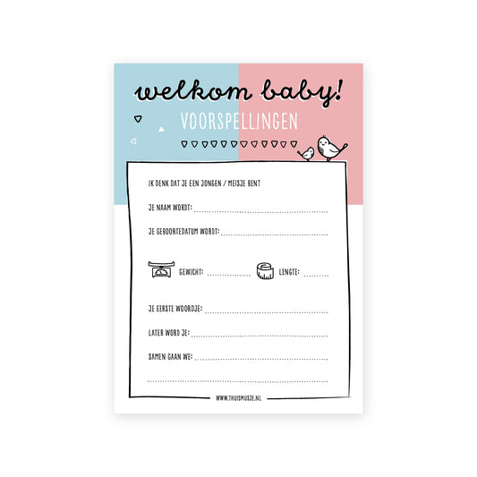 digitaal voorbeeld van voorzijde van de baby voorspellingen kaart. Erop in te vullen is het geslacht, de naam, geboortedatum, gewicht, lengte, eerste woordje, later wordt je, samen gaan we. 