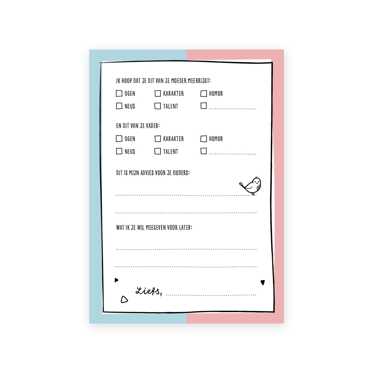 Digitaal voorbeeld van achterzijde invulkaart, met keuze vragen als wat je van je vader en moeder mee krijgt, advies voor de ouders, wat je mee wil geven voor later. 