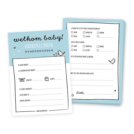 Voor- en achteraanzicht van babyshower invulkaart in het blauw. Titel Welkom baby met daarbij leuke vragen om in te vullen en voorspellingen te doen. 