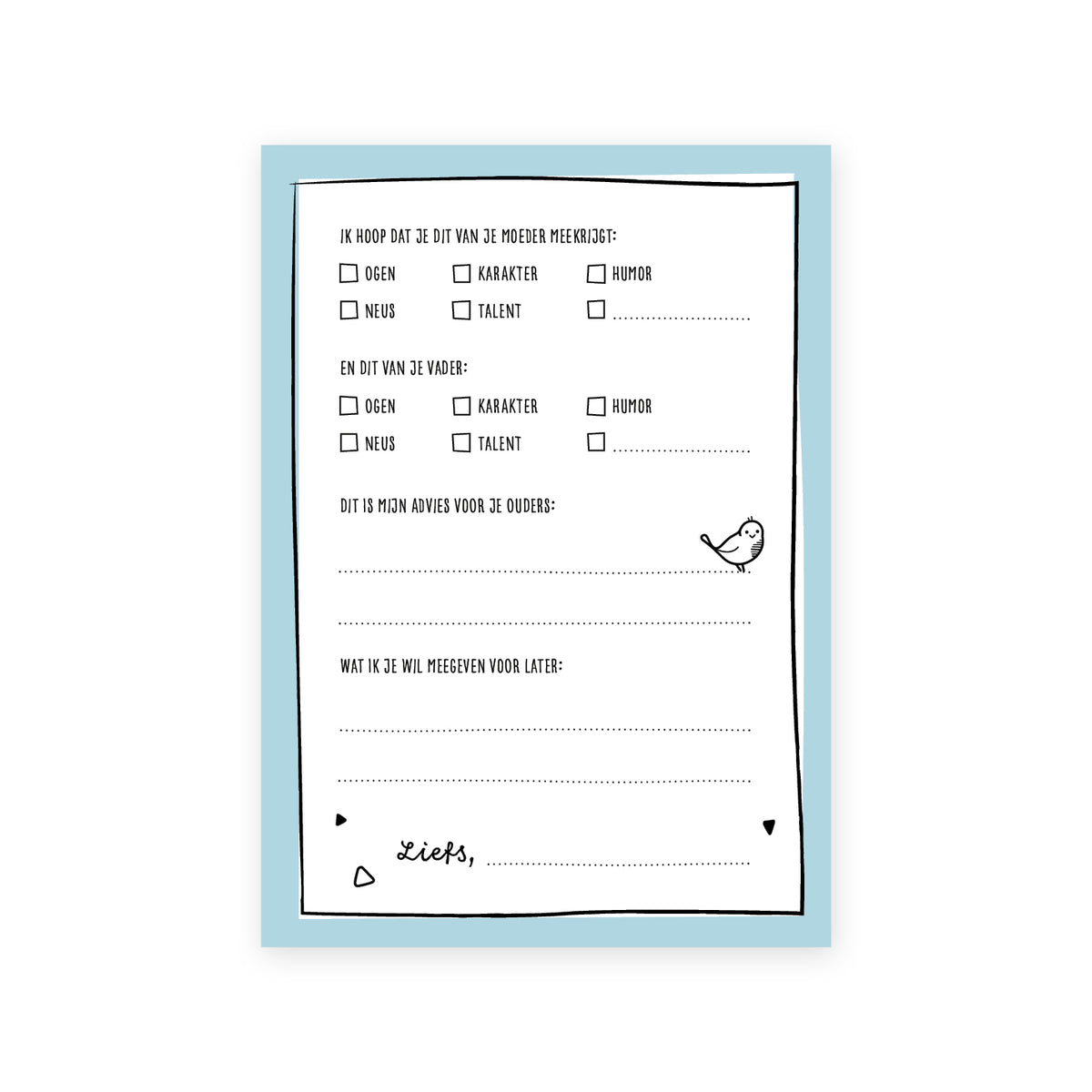 Digitaal voorbeeld van achterzijde invulkaart, met keuze vragen als wat je van je vader en moeder mee krijgt, advies voor de ouders, wat je mee wil geven voor later. 