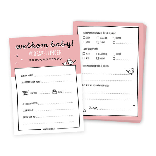 Voor- en achteraanzicht van babyshower invulkaart in het roze. Titel Welkom baby met daarbij leuke vragen om in te vullen en voorspellingen te doen. 
