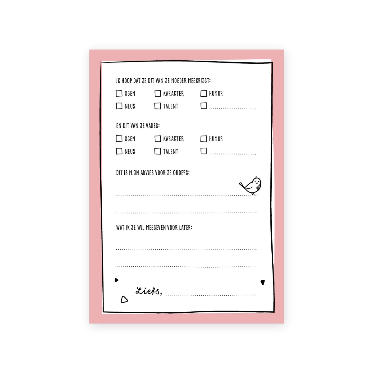 Digitaal voorbeeld van achterzijde invulkaart, met keuze vragen als wat je van je vader en moeder mee krijgt, advies voor de ouders, wat je mee wil geven voor later. 