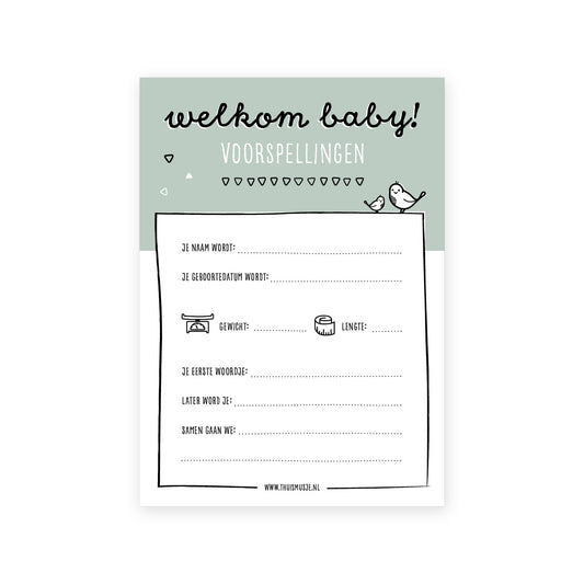digitaal voorbeeld van voorzijde van de baby voorspellingen kaart. Erop in te vullen is de naam, geboortedatum, gewicht, lengte, eerste woordje, later wordt je, samen gaan we. 