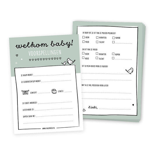 Voor- en achteraanzicht van babyshower invulkaart in het groen. Titel Welkom baby met daarbij leuke vragen om in te vullen en voorspellingen te doen. 