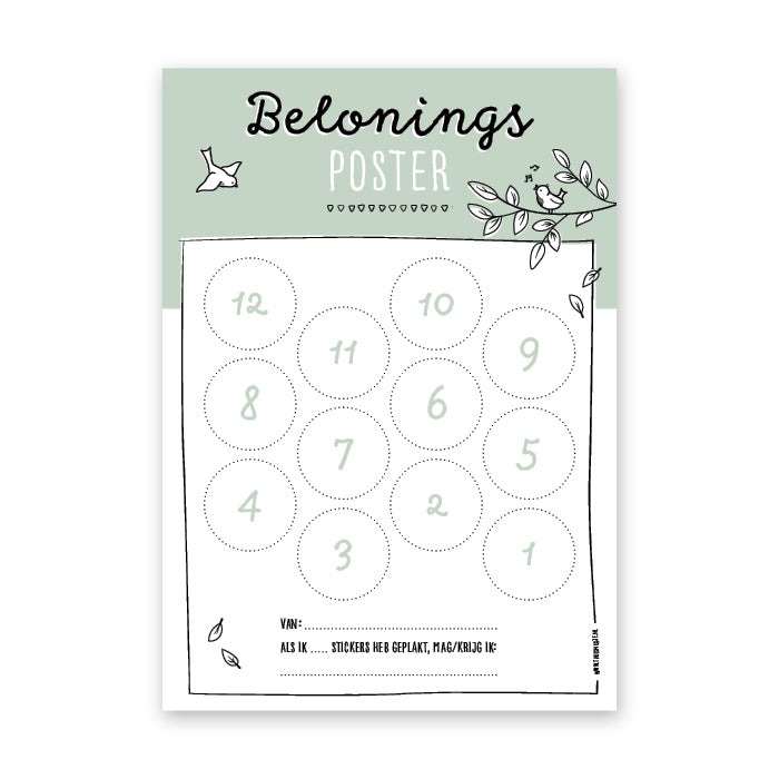 Vooraanzicht groene beloningsposter met ruimte voor 12 stickers en een rustig maar vrolijk design met subtiele vogeltjes. 