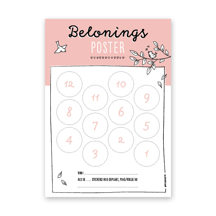 Vooraanzicht groene beloningsposter met ruimte voor 12 stickers en een rustig maar vrolijk design met subtiele vogeltjes. 
