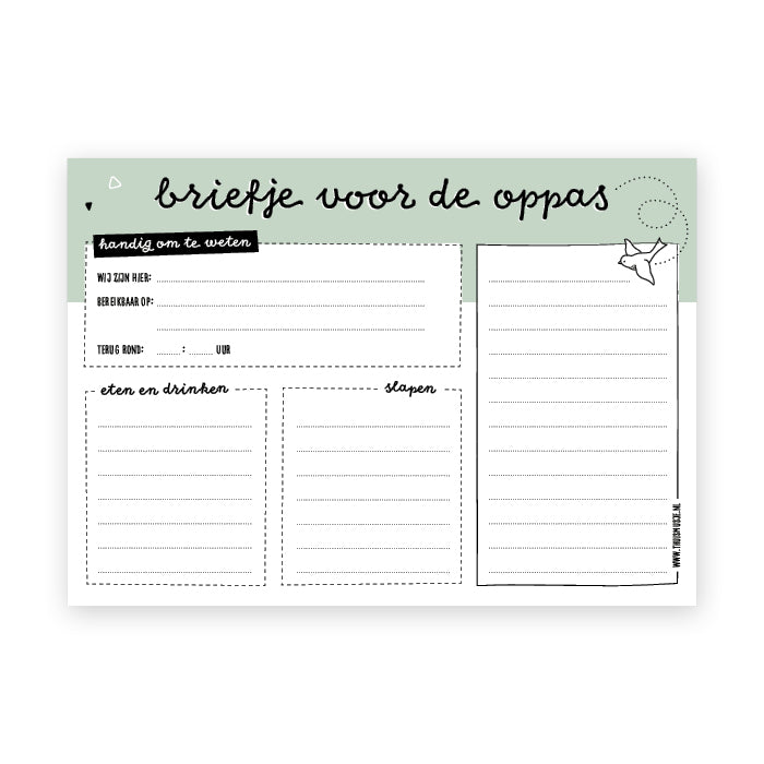 Voorbeeld van notitieblok briefje voor de oppas. Ontwerp is zwart wit met groene balk. Voldoende schrijfruimte voor belangrijke info.