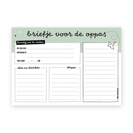 Voorbeeld van notitieblok briefje voor de oppas. Ontwerp is zwart wit met groene balk. Voldoende schrijfruimte voor belangrijke info.