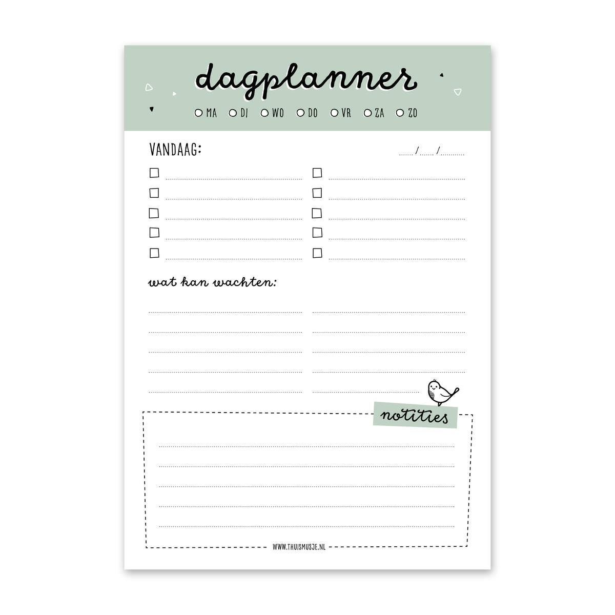 Vooraanzicht A5 planner met dagindeling. Dagplanner met ruimte voor taken, wat kan wachten en notities