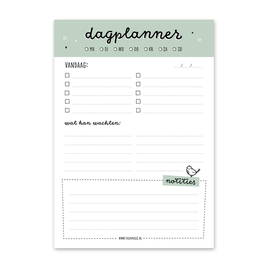 Vooraanzicht A5 planner met dagindeling. Dagplanner met ruimte voor taken, wat kan wachten en notities