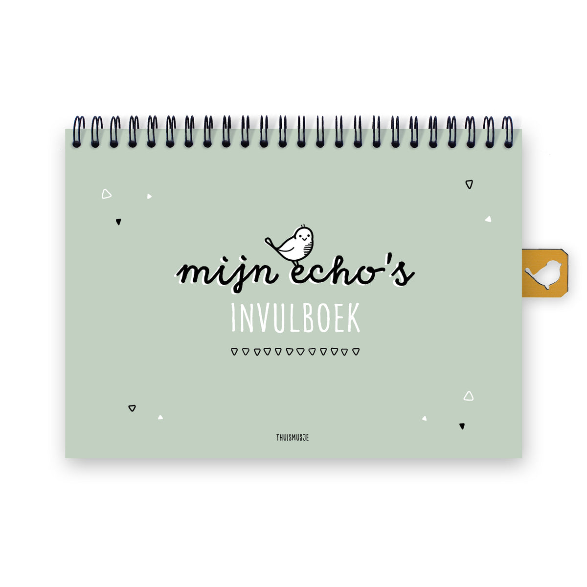 Voorzijde mijn echo's invulboek groen, A5 formaat met zwarte ringband. Ontwerp met groene achtergrond, zwarte en witte letters, met vrolijk musje op de titel. 