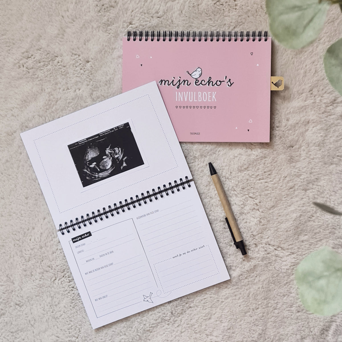 Sfeerbeeld van mijn echo's invulboekje in roze met opengeslagen boek met ingeplakte echofoto en pen ter indicatie van grootte (A5 formaat)