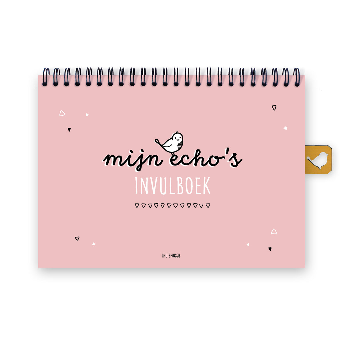 Voorzijde mijn echo's invulboek roze, A5 formaat met zwarte ringband. Ontwerp met roze achtergrond, zwarte en witte letters, met vrolijk musje op de titel. 