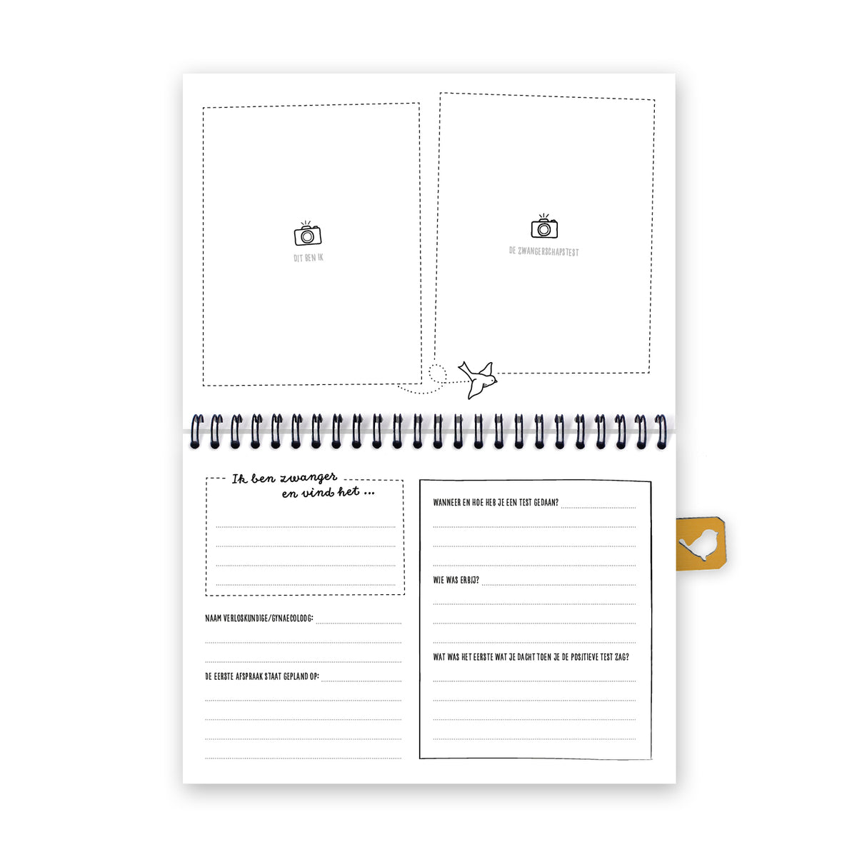 Vooraanzicht opengeslagen echoboekje met vrolijk zwart wit ontwerp. Creatieve vragen met veel schrijfruimte en een pagina om foto's in te plakken. 