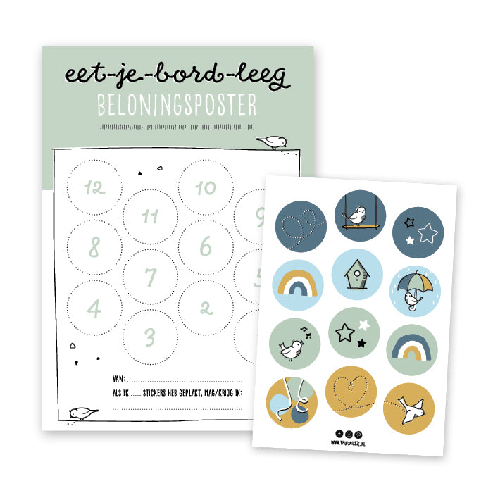 groene beloningsposter om kind bord leeg te laten eten, inclusief vrolijk stickervel met 12 stickers
