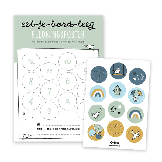 groene beloningsposter om kind bord leeg te laten eten, inclusief vrolijk stickervel met 12 stickers