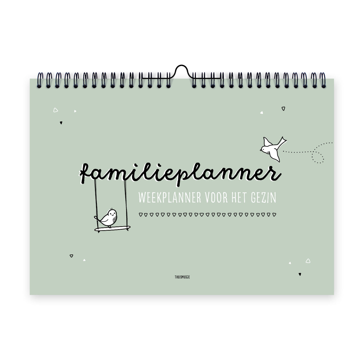 Vooraanzicht A4 familieplanner met zwarte ringband en ophanghaakje. Groene achtergrond en 2 kleine vogeltjes vliegend en schommelend. 