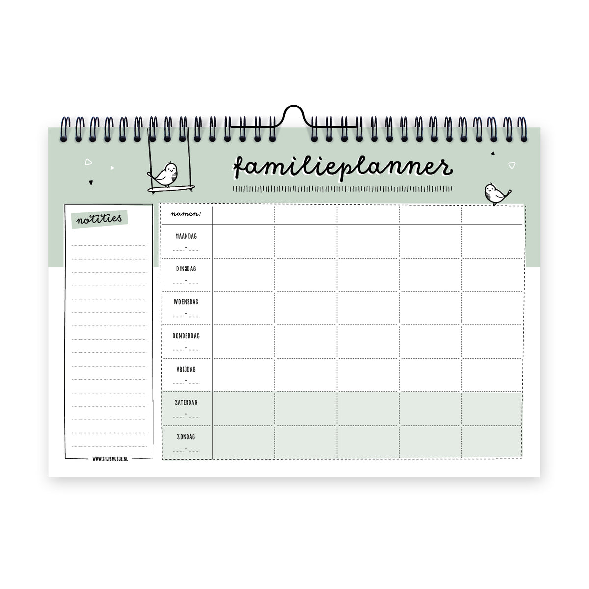 Binnenzijde familieplanner met ruimte voor 5 gezinsleden en extra ruimte voor notities. Ontwerp is rustig en zacht in zwart wit en groen.