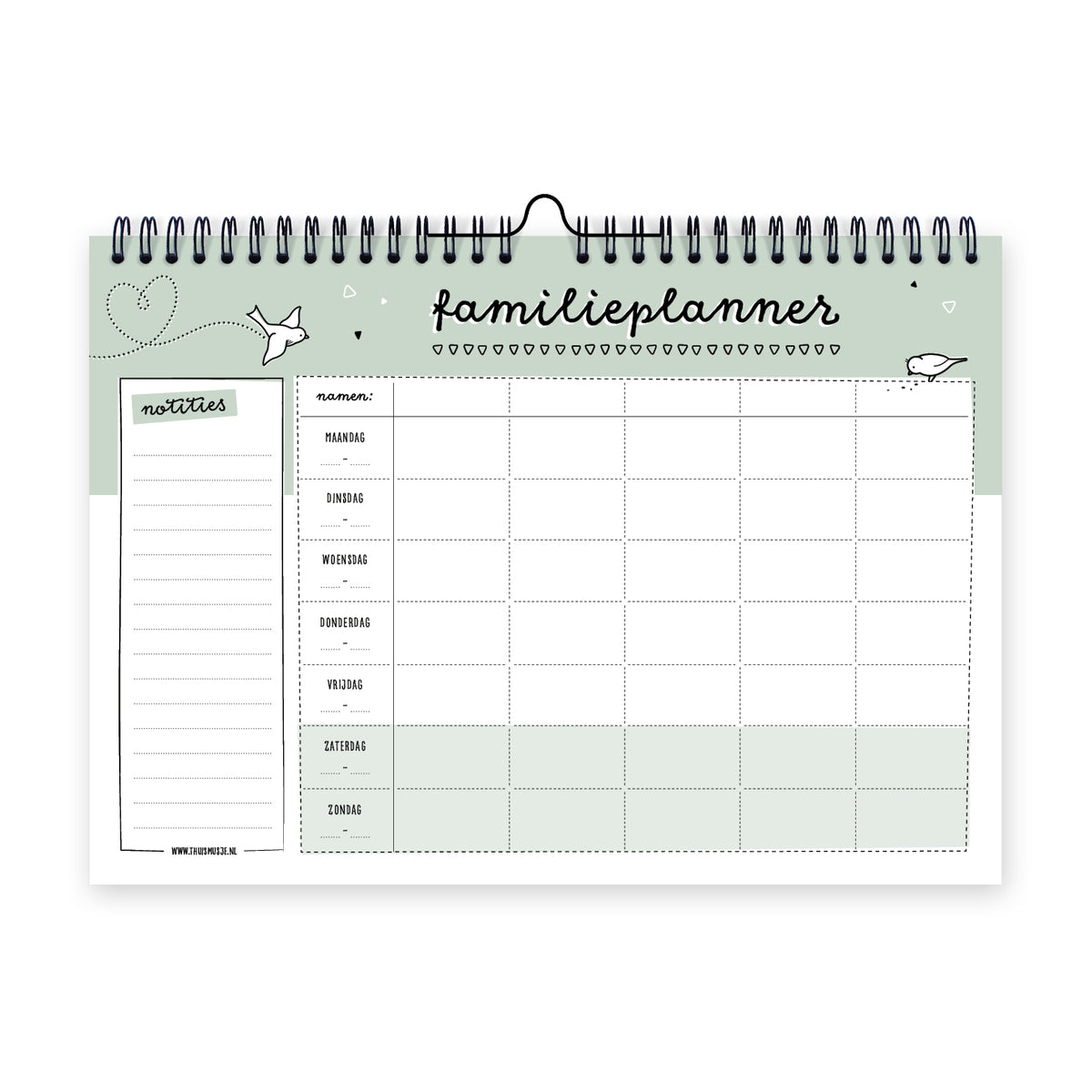 Binnenzijde familieplanner met ruimte voor 5 gezinsleden en extra ruimte voor notities. Ontwerp is rustig en zacht in zwart wit en groen.