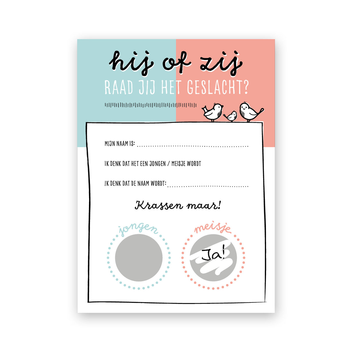 Hij of zij kraskaarten voor genderreveal party. Raad jij het geslacht? Met krasstickers en een aantal vragen om in te vullen. 