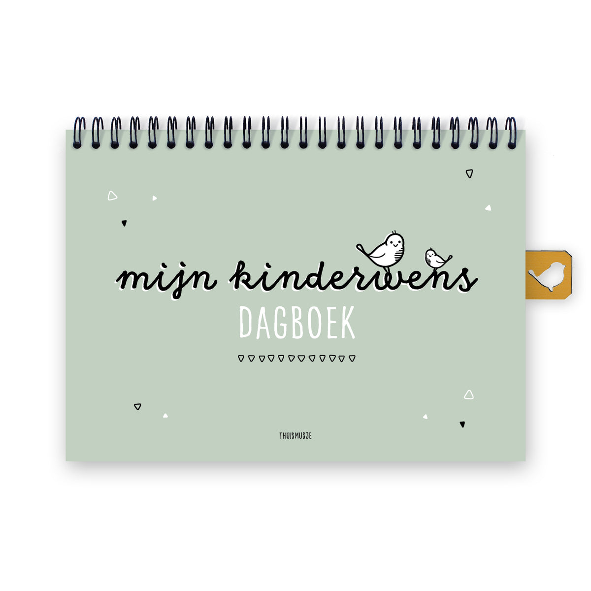 Digitaal vooraanzicht A5 invulboek met zwarte ringband, titel is mijn kinderwens dagboek. ontwerp is groen met zwart en witte letters