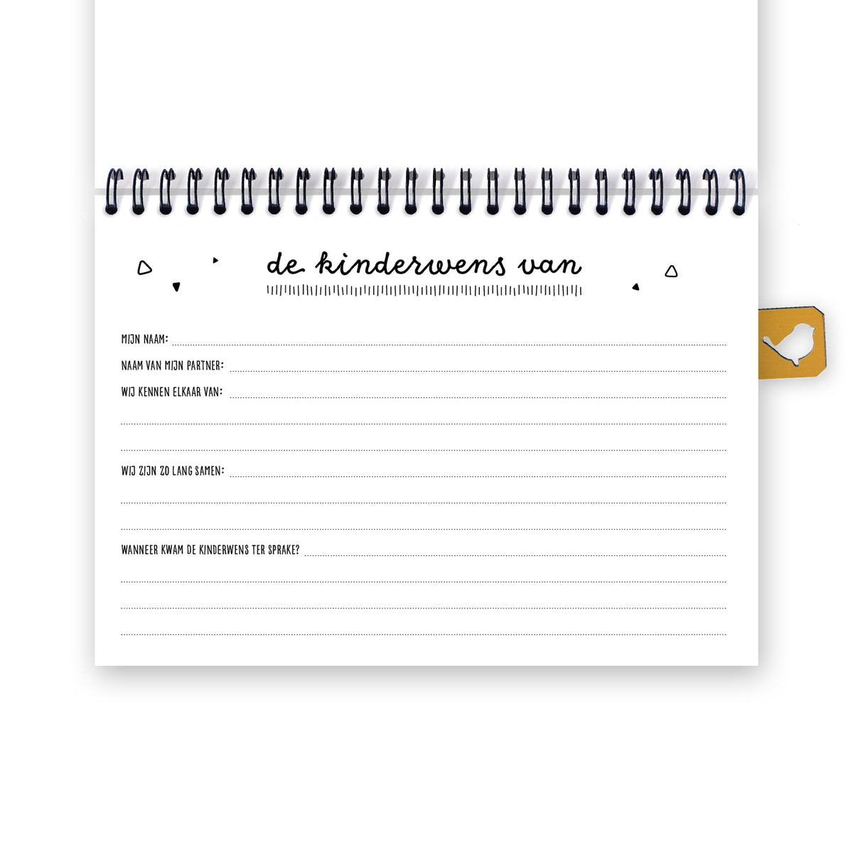 Digitaal beeld van eerste pagina in het kinderwens dagboek, met vragen over wie je bent, met wie je bent en wanneer de kinderwens in beeld kwam. 