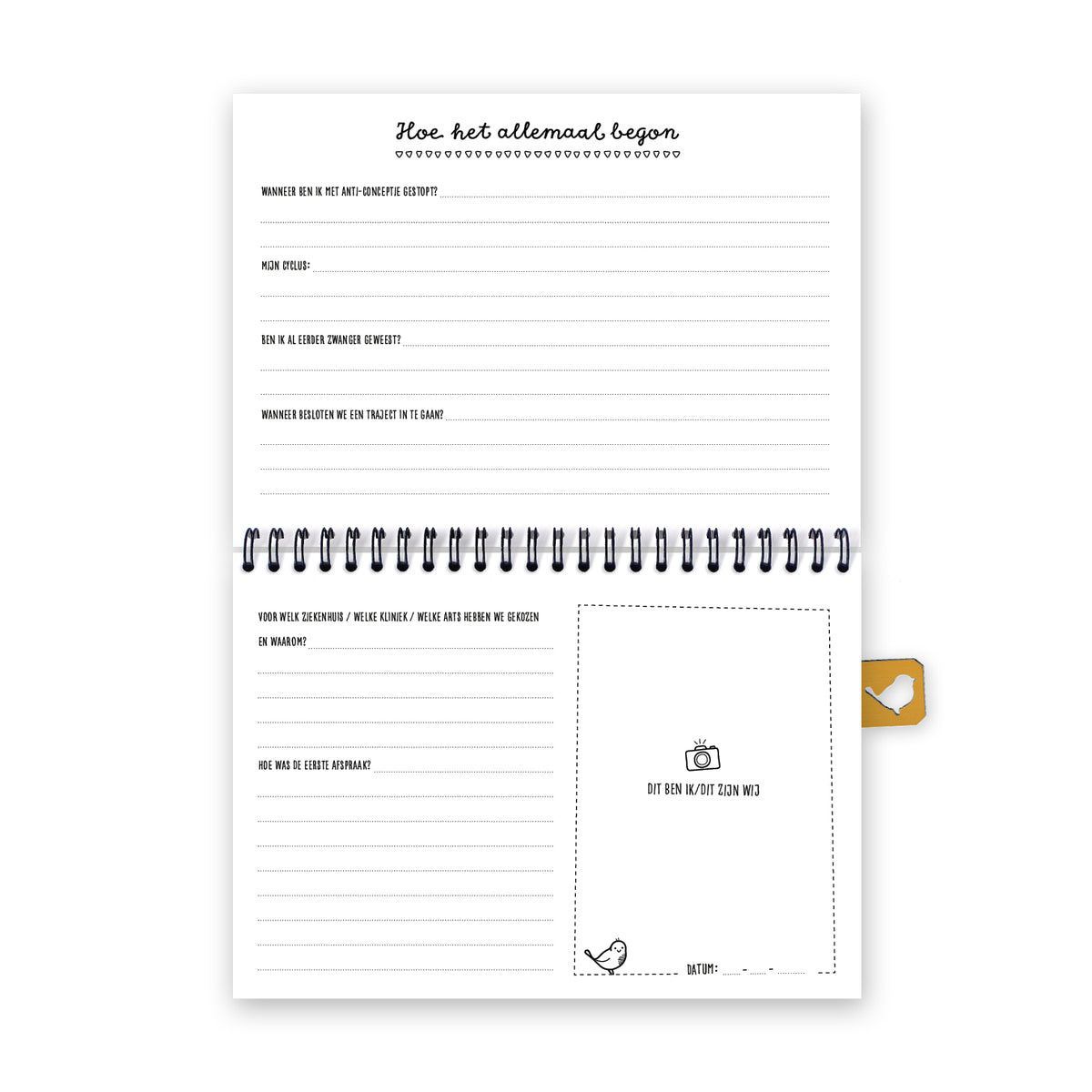 Vooraanzicht van eerste pagina's met vragen over hoe het allemaal begon. Zwart wit ontwerp met veel schrijfruimte. 