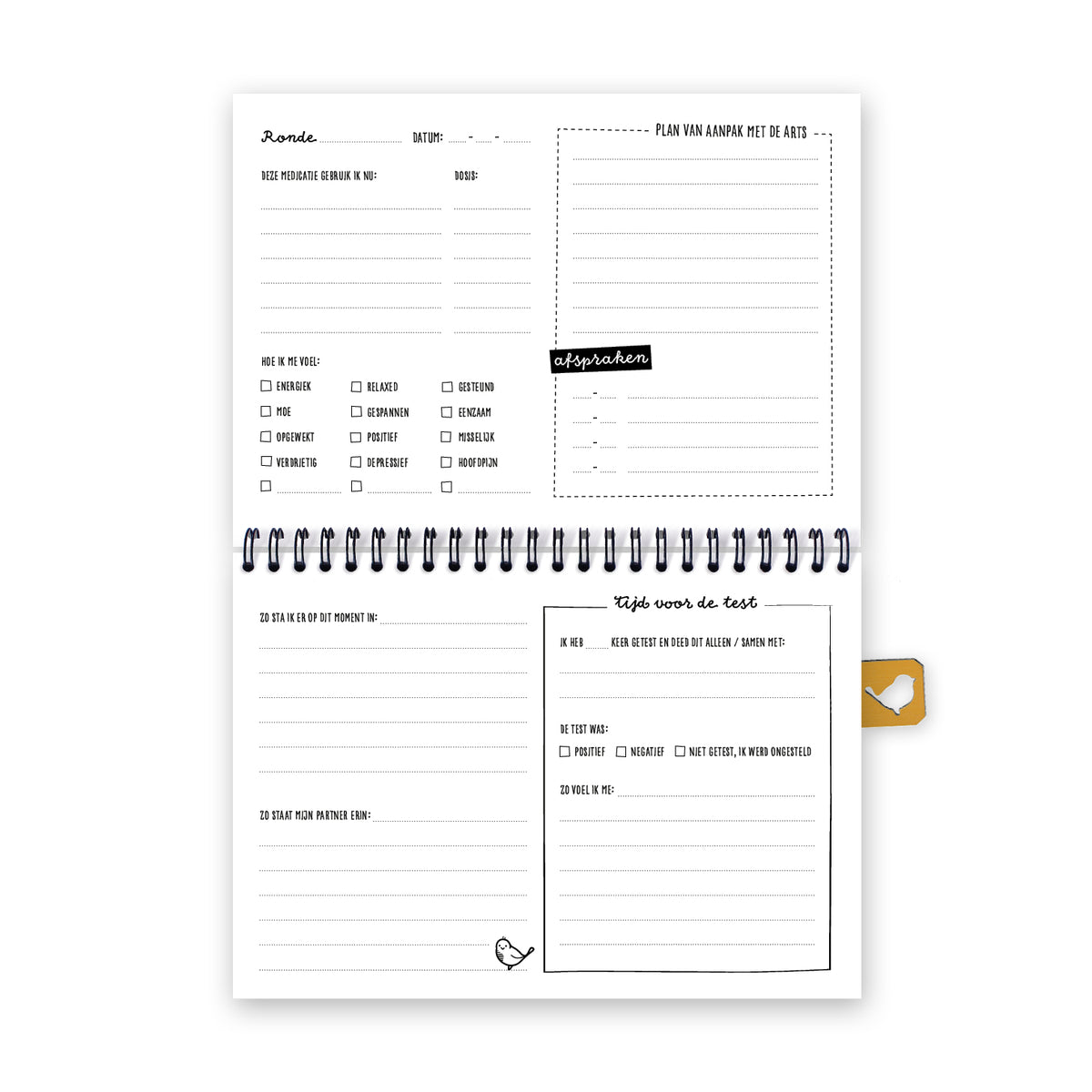 Vooraanzicht van invulbare pagina over een ronde binnen het fertiliteitstraject. Schrijfruimte over medicatie, artsen, afspraken, hoe je je voelt, testen etc. 
