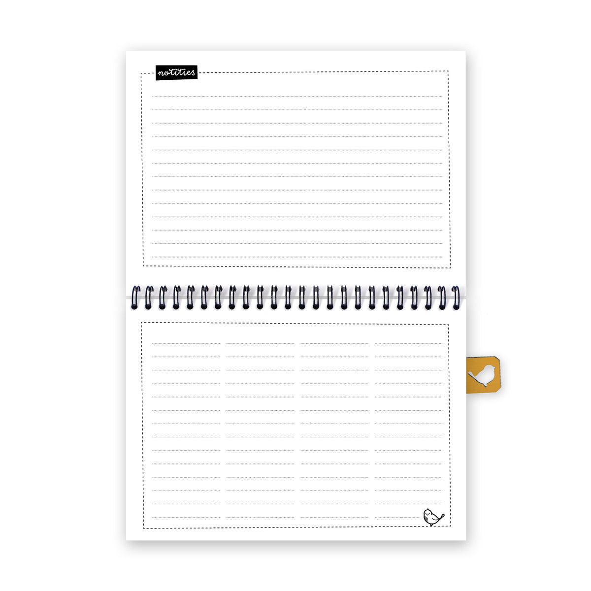 Vooraanzicht van 2 pagina's met veel schrijfruimte voor notities. 