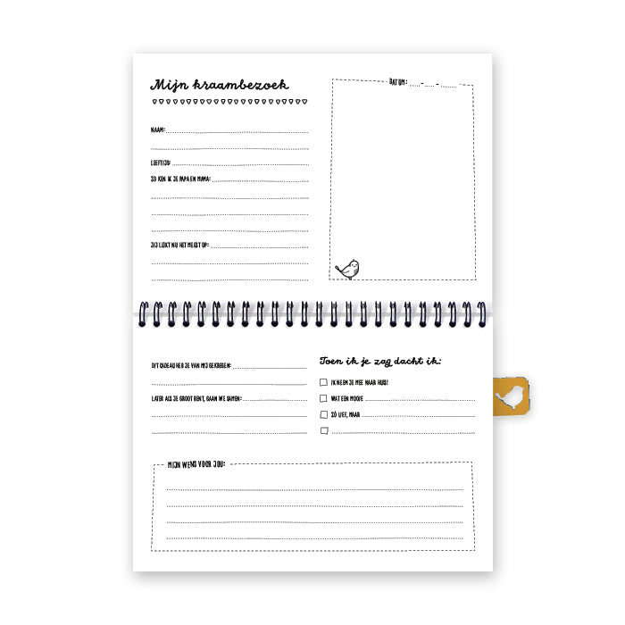 Vooraanzicht van pagina: Mijn kraambezoek. Van deze pagina zijn er meerdere met steeds een iets ander speels ontwerp. 